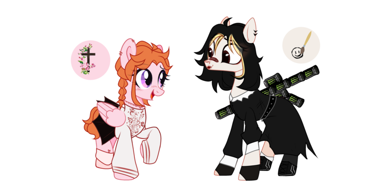 Size: 5670x2716 | Tagged: safe, alternate version, artist:idkhesoff, derpibooru import, oc, oc:angel petals, oc:jezza belle, unofficial characters only, earth pony, pegasus, pony, anklet, bandaid, belt, blushing, boots, can, christianity, clothes, dress, duo, ear piercing, earring, energy drink, eyeshadow, fangs, female, fingerless gloves, gloves, image, jewelry, lesbian, lipstick, looking at each other, makeup, mare, mismatched socks, monster energy, necklace, nun outfit, oc x oc, open mouth, piercing, png, raised hoof, raised leg, religion, shipping, shoes, simple background, size difference, skirt, socks, stockings, sweater, thigh highs, transparent background