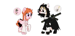 Size: 5670x2716 | Tagged: safe, alternate version, artist:idkhesoff, derpibooru import, oc, oc:angel petals, oc:jezza belle, unofficial characters only, earth pony, pegasus, pony, anklet, bandaid, belt, blushing, boots, can, christianity, clothes, dress, duo, ear piercing, earring, energy drink, eyeshadow, fangs, female, fingerless gloves, gloves, image, jewelry, lesbian, lipstick, looking at each other, makeup, mare, mismatched socks, monster energy, necklace, nun outfit, oc x oc, open mouth, piercing, png, raised hoof, raised leg, religion, shipping, shoes, simple background, size difference, skirt, socks, stockings, sweater, thigh highs, transparent background