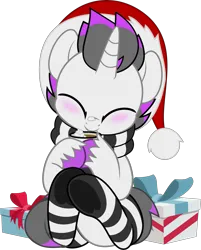 Size: 4021x5000 | Tagged: safe, artist:jhayarr23, derpibooru import, oc, oc:haze rad, unofficial characters only, pony, unicorn, absurd resolution, blushing, chocolate, christmas, clothes, colored hooves, commission, commissioner:biohazard, cozy, cute, daaaaaaaaaaaw, diabetes, eyes closed, food, hat, highlights, holiday, hoof hold, horn, hot chocolate, image, male, png, present, santa hat, scarf, simple background, sitting, smiling, socks, solo, stallion, striped scarf, striped socks, transparent background, underhoof, unicorn oc, unshorn fetlocks, whipped cream, ych result