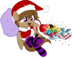 Size: 6162x5000 | Tagged: safe, artist:jhayarr23, derpibooru import, oc, oc:talu gana, unofficial characters only, pegasus, pony, absurd resolution, action pose, bag, cannon, christmas, christmas outfit, clothes, commission, commissioner:biohazard, confetti, cute, diabetes, furrowed brow, hat, holiday, image, male, open mouth, open smile, pegasus oc, png, present, purple eyes, santa hat, simple background, smiling, socks, solo, stallion, striped socks, transparent background, wings, ych result