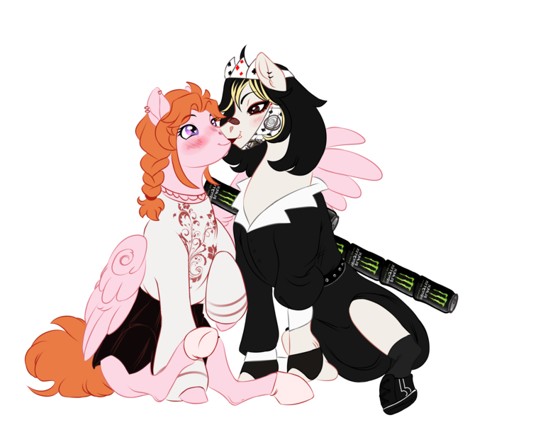 Size: 2935x2320 | Tagged: safe, artist:theartfox2468, derpibooru import, oc, oc:angel petals, oc:jezza belle, unofficial characters only, earth pony, pegasus, pony, anklet, bedroom eyes, belt, blushing, boots, can, christianity, clothes, crown, dress, duo, ear piercing, earring, energy drink, eyeshadow, face mask, fangs, female, fingerless gloves, gloves, heart eyes, high res, image, jewelry, kissing, lesbian, lipstick, looking at each other, makeup, mare, mask, mismatched socks, monster energy, necklace, nun outfit, oc x oc, open mouth, piercing, playing card, png, raised leg, regalia, religion, shipping, shoes, simple background, sitting, size difference, skirt, socks, stockings, sweater, thigh highs, transparent background, wingding eyes