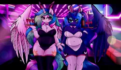 Size: 4096x2364 | Tagged: suggestive, alternate version, artist:canvymamamoo, derpibooru import, princess celestia, princess luna, alicorn, anthro, pony, g4, alcohol, bedroom eyes, belly button, big breasts, both cutie marks, bottle, bowtie, breasts, bunny ears, bunny suit, bunnylestia, busty princess celestia, busty princess luna, cameltoe, chest fluff, cleavage, clothes, cuffs (clothes), ear fluff, female, females only, glass, heart eyes, holding, holding hands, image, jpeg, leotard, looking at you, mare, nightclub, royal sisters, serving tray, siblings, sisters, smiling, socks, stockings, thigh highs, tray, wide hips, wine, wine bottle, wine glass, wingding eyes