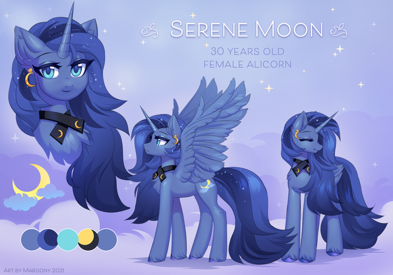 Size: 1722x1204 | Tagged: safe, artist:margony, derpibooru import, oc, oc:serene moon, unofficial characters only, alicorn, pony, alicorn oc, crescent moon, female, horn, image, mare, moon, not luna, png, reference sheet, solo, wings