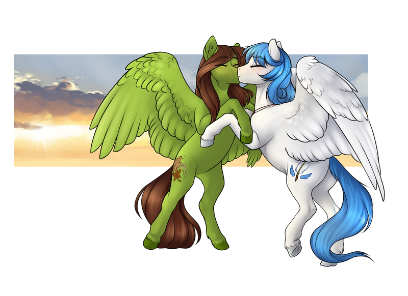 Size: 1959x1426 | Tagged: safe, artist:royvdhel-art, derpibooru import, oc, oc:autumn breeze, oc:snowy haze, unofficial characters only, pegasus, pony, cloud, eyes closed, hug, image, oc x oc, pegasus oc, png, shipping, wings