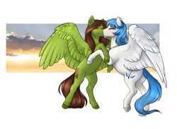 Size: 1959x1426 | Tagged: safe, artist:royvdhel-art, derpibooru import, oc, oc:autumn breeze, oc:snowy haze, unofficial characters only, pegasus, pony, cloud, eyes closed, hug, image, oc x oc, pegasus oc, png, shipping, wings