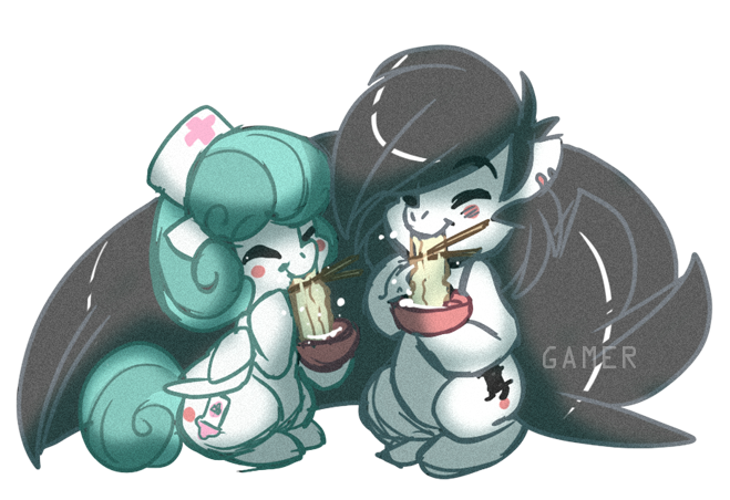 Size: 659x452 | Tagged: safe, artist:thegamercolt, derpibooru import, oc, oc:nurse nimble, oc:thegamercolt, unofficial characters only, earth pony, pegasus, pony, big tail, chopsticks, cute, cutie mark, eating, food, hat, image, noodles, nurse, nurse hat, png, ramen, ramen face, simple background, tail, transparent background, wings