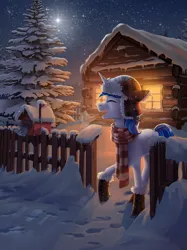 Size: 2875x3836 | Tagged: safe, artist:helmie-art, derpibooru import, oc, unofficial characters only, pony, unicorn, clothes, commission, fence, fir tree, high res, hoof boots, image, jpeg, log cabin, mailbox, night, scarf, snow, solo, stars, striped scarf, tree, winter, winter hat, winter outfit, ych result