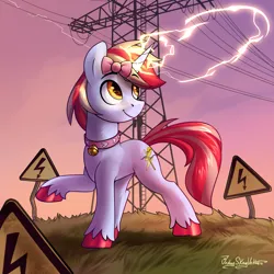 Size: 3000x3000 | Tagged: safe, artist:jedayskayvoker, derpibooru import, oc, oc:cinnamon lightning, unofficial characters only, pony, unicorn, bell, bell collar, bow, collar, electricity, fetlock tuft, hair bow, high res, horn, image, lightning, male, pet collar, png, power line, solo, stallion, unicorn oc