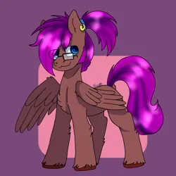 Size: 1440x1439 | Tagged: safe, artist:bluemoon, derpibooru import, oc, oc:bass string, unofficial characters only, pegasus, pony, chest fluff, dock, ear piercing, earring, eye clipping through hair, folded wings, glasses, image, jewelry, male, piercing, png, ponytail, raised tail, signature, smiling, smirk, solo, stallion, tail, unshorn fetlocks, wings