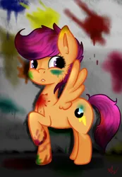 Size: 370x535 | Tagged: artist needed, semi-grimdark, derpibooru import, scootaloo, pegasus, pony, fanfic:pegasus device, fanfic:rainbow factory, g4, absentia, absentia's cutie mark, blood, blood splatter, evil scootaloo, factory scootaloo, fanfic art, female, filly, image, looking offscreen, open mouth, png, rainbow blood