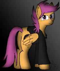 Size: 1280x1509 | Tagged: safe, artist:conmanwolf, derpibooru import, scootaloo, pegasus, pony, fanfic:pegasus device, fanfic:rainbow factory, g4, absentia, absentia's cutie mark, black hoodie, butt, evil, evil grin, evil scootaloo, factory scootaloo, fanfic art, folded wings, gray background, grin, image, jpeg, looking at you, looking back, looking back at you, older, older scootaloo, plot, signature, simple background, smiling, wings