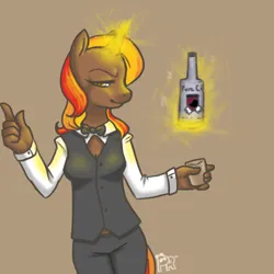 Size: 500x500 | Tagged: safe, artist:pandarainbow, derpibooru import, oc, oc:amaretto, unofficial characters only, anthro, unicorn, alcohol, anthro oc, bartender, brown background, commission, commissioner:miserybahamut, female, glass, glow, glowing horn, horn, image, magic, png, shot glass, simple background, solo, telekinesis, unicorn oc