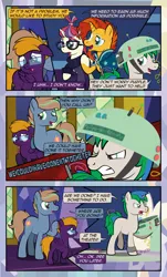 Size: 1920x3169 | Tagged: safe, artist:alexdti, derpibooru import, moondancer, sunburst, oc, oc:brainstorm (alexdti), oc:purple creativity, oc:star logic, pegasus, pony, unicorn, comic:quest for friendship, g4, blushing, cloak, clothes, comic, female, floppy ears, folded wings, frown, glasses, green eyes, gritted teeth, helmet, high res, horn, image, jealous, jpeg, looking down, male, mare, misspelling, open mouth, open smile, pegasus oc, purple eyes, raised hoof, shadow, smiling, speech bubble, stallion, standing, sunburst's cloak, sunburst's glasses, tail, teeth, two toned mane, two toned tail, unicorn oc, wings