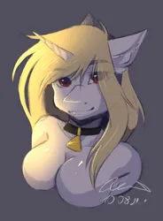 Size: 1200x1630 | Tagged: suggestive, artist:lunciakkk, derpibooru import, oc, oc:illumina, unofficial characters only, anthro, unicorn, breasts, bust, collar, ear fluff, eye clipping through hair, eyebrows, eyebrows visible through hair, featureless breasts, female, horn, image, looking at you, png, signature, smiling, smiling at you, solo, solo female