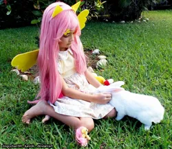 Size: 960x833 | Tagged: safe, artist:ringochan94, derpibooru import, angel bunny, fluttershy, human, rabbit, g4, 2015, animal, clothes, cosplay, costume, duo, grass, image, irl, irl human, jpeg, photo, target demographic