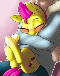 Size: 2400x3000 | Tagged: safe, artist:captainpudgemuffin, derpibooru import, edit, oc, oc:banana paradise, unofficial characters only, human, pony, fanfic:cultural differences, author:crimson prose, blushing, butt, cute, dock, ear piercing, earring, explicit description, explicit source, eyes closed, female, high res, hug, human on pony snuggling, image, jewelry, mare, piercing, plot, png, snuggling, tail