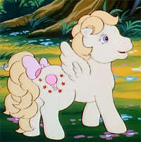 Size: 200x201 | Tagged: safe, derpibooru import, screencap, baby lofty, pegasus, pony, g1, little piece of magic, my little pony 'n friends, baby, baby lofty's dream, baby loftybetes, baby pony, bow, cropped, cute, female, filly, image, jpeg, land, open mouth, open smile, ponyland, smiling, solo, tail, tail bow