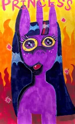 Size: 750x1230 | Tagged: safe, artist:ponywizards, derpibooru import, twilight sparkle, pony, g4, ambiguous race, bloodshot eyes, fangs, fire, image, jpeg, solo, traditional art