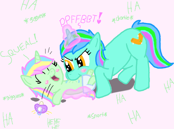 Size: 577x427 | Tagged: artist needed, safe, derpibooru import, oc, oc:coral glitter, unofficial characters only, pony, unicorn, baby, baby pony, blushing, cute, diaper, female, filly, foal, image, jpeg, laughing, magic, magic aura, onomatopoeia, open mouth, pacifier, pink background, pinned down, raspberry, shadow, sibling love, siblings, simple background, sisterly love, sisters, tickling, toddler, tongue out, trace, tummy buzz