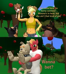 Size: 1920x2160 | Tagged: suggestive, artist:papadragon69, derpibooru import, applejack, big macintosh, spike, spot, winona, anthro, diamond dog, dog, g4, 2 panel comic, 3d, belly button, blushing, breasts, comic, estrus, heart eyes, image, png, source filmmaker, wingding eyes