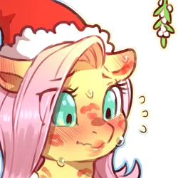 Size: 1159x1159 | Tagged: safe, artist:cold-blooded-twilight, derpibooru import, fluttershy, pegasus, pony, g4, blushing, blushing profusely, bust, christmas, clothes, costume, eye clipping through hair, eyebrows, eyebrows visible through hair, female, flustered, hat, holiday, image, kiss mark, lipstick, mare, mistletoe, png, santa costume, santa hat, simple background, solo, sweat, transparent background