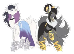 Size: 2355x1705 | Tagged: safe, alternate version, artist:snows-undercover, derpibooru import, oc, oc:foxy, oc:ziena, unofficial characters only, earth pony, pony, beautiful, belt, bow, chest fluff, choker, clothes, dress, duo, ear piercing, earring, eyes closed, eyeshadow, fancy, female, gala dress, glasses, hair bow, hoof shoes, image, jewelry, makeup, mare, necklace, piercing, png, raised hoof, raised leg, sandals, simple background, transparent background