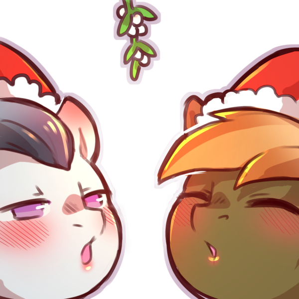 Size: 1159x1159 | Tagged: safe, artist:cold-blooded-twilight, derpibooru import, button mash, rumble, earth pony, pegasus, pony, g4, biting, blushing, blushing profusely, christmas, colt, duo, duo male, ear bite, eyes closed, hat, holiday, image, implied gay, kissy face, lipstick, male, mistletoe, png, santa hat, simple background, transparent background