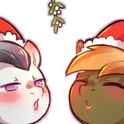 Size: 1159x1159 | Tagged: safe, artist:cold-blooded-twilight, derpibooru import, button mash, rumble, earth pony, pegasus, pony, g4, biting, blushing, blushing profusely, christmas, colt, duo, duo male, ear bite, eyes closed, hat, holiday, image, implied gay, kissy face, lipstick, male, mistletoe, png, santa hat, simple background, transparent background