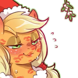 Size: 1159x1159 | Tagged: safe, artist:cold-blooded-twilight, derpibooru import, applejack, earth pony, pony, g4, bedroom eyes, blushing, blushing profusely, christmas, clothes, costume, ear blush, eyeshadow, female, freckles, hat, holiday, image, kiss mark, lipstick, makeup, mare, mistletoe, png, santa costume, santa hat, simple background, smiling, sweat, transparent background