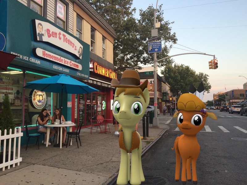 Size: 3264x2448 | Tagged: safe, artist:topsangtheman, derpibooru import, braeburn, little strongheart, bison, buffalo, earth pony, pony, g4, 3d, high res, image, irl, jpeg, looking at you, new york city, photo, ponies in real life, source filmmaker