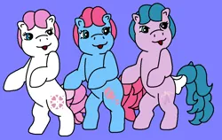 Size: 993x626 | Tagged: safe, artist:superman64, derpibooru import, baby cuddles, baby half note, baby sundance, earth pony, pony, bright lights, g1, my little pony 'n friends, 1000 hours in ms paint, baby hawwlf note, baby sundawwnce, bipedal, bow, cuddlebetes, cute, dancing, do the moonwalk ponies, female, filly, image, lavender background, ms paint, png, simple background, singing, tail, tail bow, trio