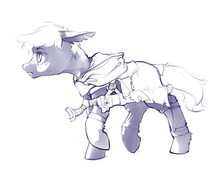 Size: 1547x1277 | Tagged: safe, artist:blue ink, derpibooru import, earth pony, pony, cloak, clothes, fantasy class, image, monochrome, png, scabbard, scar, simple background, solo, sword, warrior, weapon, white background