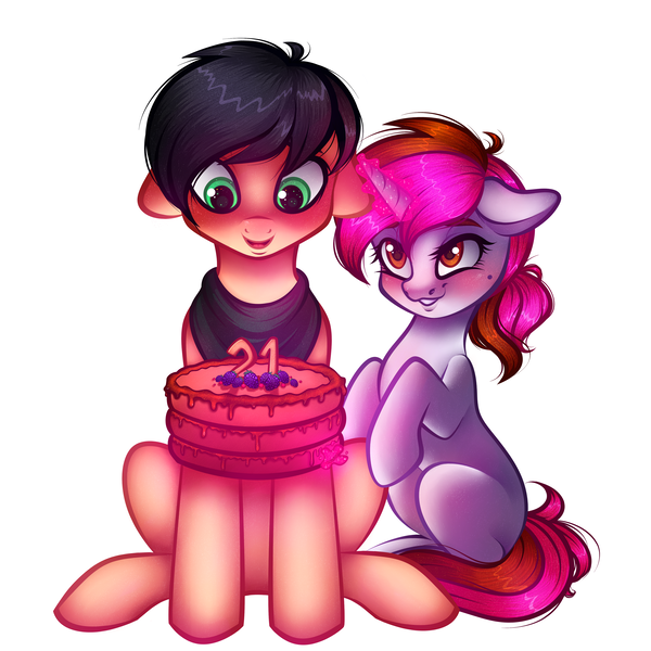 Size: 4000x4000 | Tagged: safe, artist:vetta, derpibooru import, oc, oc:kosh, oc:vetta, earth pony, pony, unicorn, 21, berry, birthday cake, cake, food, image, mole, png