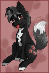 Size: 2499x3736 | Tagged: safe, artist:nuumia, derpibooru import, oc, oc:dog whisperer, unofficial characters only, pony, unicorn, :p, abstract background, black fur, brown eyes, chest fluff, cute, ear fluff, fluffy tail, fox tail, gray mane, high res, hooves, horn, image, looking at you, male, png, signature, sitting, solo, stallion, tail, tail fluff, three quarter view, tongue out, unshorn fetlocks, white fur