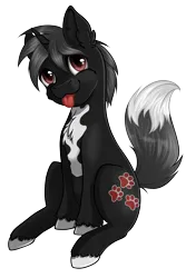 Size: 2499x3736 | Tagged: safe, artist:nuumia, derpibooru import, oc, oc:dog whisperer, unofficial characters only, pony, unicorn, derpibooru community collaboration, 2022 community collab, :p, black fur, brown eyes, chest fluff, cute, ear fluff, fluffy tail, fox tail, gray mane, high res, hooves, horn, image, looking at you, male, png, simple background, sitting, solo, stallion, tail, tail fluff, three quarter view, tongue out, transparent background, unshorn fetlocks, white fur