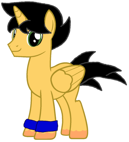 Size: 866x953 | Tagged: safe, artist:lachlancarr1996, derpibooru import, oc, unofficial characters only, alicorn, pony, derpibooru community collaboration, 2022 community collab, alicorn oc, black mane, black tail, folded wings, full body, green eyes, horn, image, male, missing cutie mark, png, simple background, smiling, solo, stallion, standing, tail, transparent background, wings, wristband