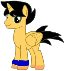 Size: 866x953 | Tagged: safe, artist:lachlancarr1996, derpibooru import, oc, unofficial characters only, alicorn, pony, derpibooru community collaboration, 2022 community collab, alicorn oc, black mane, black tail, folded wings, full body, green eyes, horn, image, male, missing cutie mark, png, simple background, smiling, solo, stallion, standing, tail, transparent background, wings, wristband