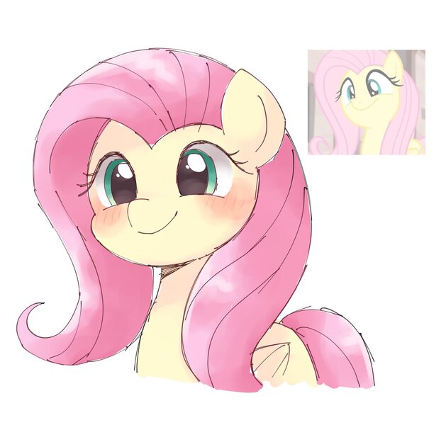 Size: 1747x1666 | Tagged: safe, artist:ginmaruxx, derpibooru import, fluttershy, pegasus, pony, g4, the cutie map, blushing, bust, cute, female, flutterbob, folded wings, image, jpeg, mare, scene interpretation, screencap reference, shyabetes, simple background, smiling, solo, three quarter view, white background, wings