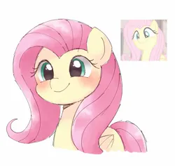 Size: 1747x1666 | Tagged: safe, artist:ginmaruxx, derpibooru import, fluttershy, pegasus, pony, g4, the cutie map, blushing, bust, cute, female, flutterbob, folded wings, image, jpeg, mare, scene interpretation, screencap reference, shyabetes, simple background, smiling, solo, three quarter view, white background, wings