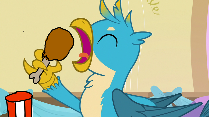 Size: 1280x720 | Tagged: safe, derpibooru import, edit, edited screencap, editor:horsesplease, screencap, gallus, gryphon, g4, marks for effort, cannibalism joke, carnivore, chicken meat, drumstick, food, fried chicken, gallus the rooster, gallusposting, griffons doing griffon things, image, kfc, meat, png, that griffon sure does love kfc