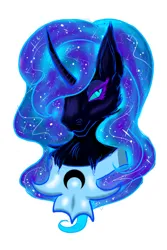 Size: 1280x1920 | Tagged: safe, artist:lunaestelar, derpibooru import, nightmare moon, alicorn, pony, g4, blue eyes, blue mane, bust, chest fluff, colored pupils, curved horn, ear fluff, ethereal mane, eyelashes, female, horn, image, jpeg, lidded eyes, simple background, solo, starry mane, stars, white background