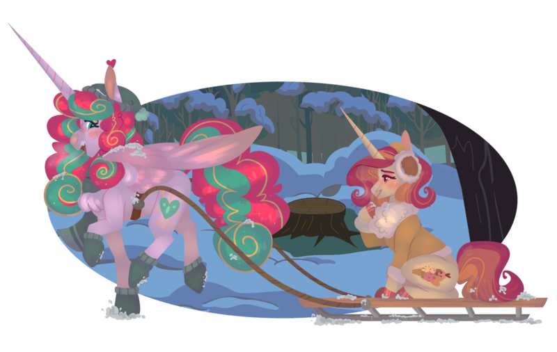 Size: 1280x810 | Tagged: safe, artist:joburii, derpibooru import, princess flurry heart, oc, oc:christened rose, pony, unicorn, g4, clothes, duo, female, forest, image, mare, offspring, older, parent:donut joe, parent:fleur-de-lis, png, simple background, sled, snow, socks, transparent background, tree, tree stump, winter cap