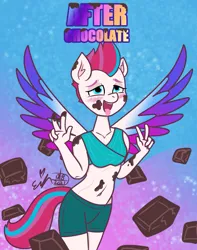 Size: 1587x2012 | Tagged: suggestive, artist:erynerikard, derpibooru import, zipp storm, anthro, pegasus, g5, my little pony: a new generation, abstract background, ahegao, belly, belly button, blushing, breasts, chocolate, collarbone, digestion without weight gain, female, food, image, implied stuffing, jpeg, open mouth, ribcage, slender, spread wings, that pony sure does love chocolate, thin, tongue out, wingboner, wings