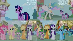 Size: 1280x720 | Tagged: safe, derpibooru import, edit, edited screencap, editor:quoterific, screencap, applejack, blue october, blueberry muffin, bon bon, doctor whooves, fluttershy, meadow song, pinkie pie, princess celestia, rainbow dash, rarity, spike, spring melody, sprinkle medley, sweetie drops, time turner, twilight sparkle, alicorn, dragon, earth pony, pegasus, pony, unicorn, friendship is magic, g4, season 1, :o, applejack's hat, cowboy hat, eyes closed, female, hat, image, male, mane seven, mane six, mare, open mouth, open smile, png, smiling, spread wings, unicorn twilight, wings