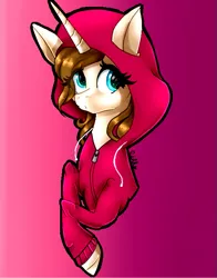 Size: 517x660 | Tagged: safe, artist:gihhbloonde, derpibooru import, oc, oc:gihh bloonde, unofficial characters only, pony, unicorn, bust, clothes, eyelashes, female, gradient background, hoodie, horn, image, mare, png, smiling, solo, unicorn oc