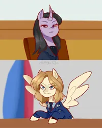 Size: 1384x1732 | Tagged: safe, artist:aylufujo, derpibooru import, ponified, pegasus, pony, unicorn, clothes, curved horn, duo, eyelashes, female, horn, image, indoors, jpeg, kim yo-jong, mare, natalia poklonskaya, necktie, north korea, russia, suit, wings