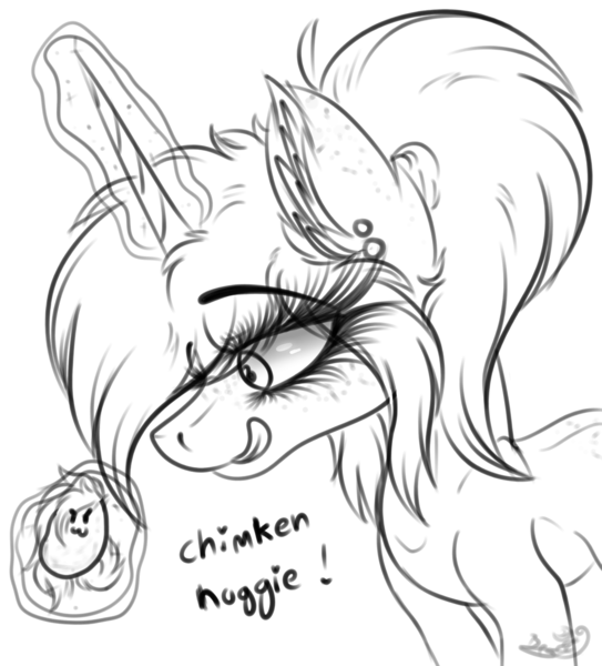 Size: 1680x1858 | Tagged: safe, artist:beamybutt, derpibooru import, oc, unofficial characters only, pony, bust, chicken meat, chicken nugget, ear fluff, ear piercing, female, food, glow, glowing horn, horn, image, licking, licking lips, lineart, magic, mare, meat, piercing, png, ponies eating meat, smiling, telekinesis, tongue out