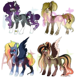 Size: 1708x1752 | Tagged: safe, artist:beamybutt, derpibooru import, oc, unofficial characters only, alicorn, earth pony, pegasus, pony, alicorn oc, base used, ear fluff, earth pony oc, female, horn, image, mare, offspring, parent:applejack, parent:fluttershy, parent:king sombra, parent:rainbow dash, parent:rarity, parents:sombradash, parents:sombrajack, parents:sombrarity, parents:sombrashy, pegasus oc, png, simple background, transparent background, wings