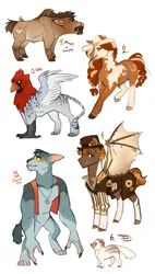 Size: 1335x2345 | Tagged: safe, artist:royvdhel-art, derpibooru import, oc, anthro, bat pony, boar, diamond dog, digitigrade anthro, earth pony, gryphon, original species, pony, bat pony oc, bat wings, diamond dog oc, griffon oc, hat, image, png, simple background, top hat, white background, wings