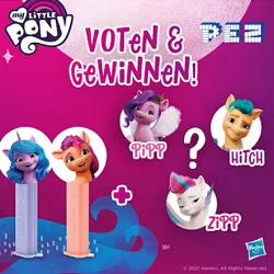 Size: 320x320 | Tagged: safe, derpibooru import, hitch trailblazer, izzy moonbow, pipp petals, sunny starscout, zipp storm, pegasus, pony, unicorn, g5, my little pony: a new generation, candy, dreamworks face, food, german, image, jpeg, mane five, pez